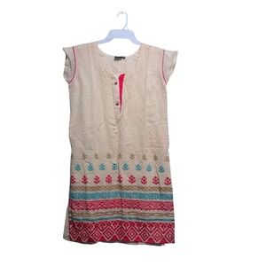 Rich Lady Womens XL Beige Pink Embroidered Kurti Tunic Dress Short Sleeve